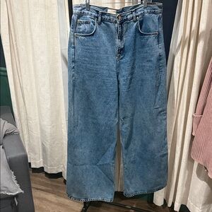 Pilcro Wide-Leg Flare Jeans in Blue Denim